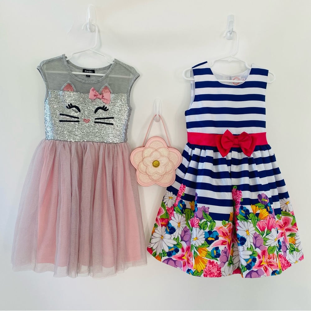 EUC Set of Dresses & Purse Hand Bag Floral Sequin Glitter Cat Girls Kids Size 6